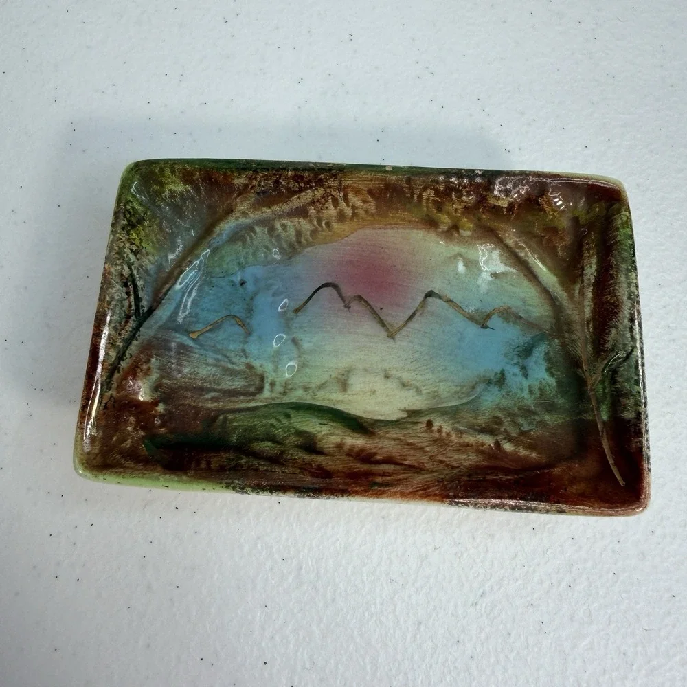 Vtg 50's Hand Paint Porcelain 3-D Trinket Jewelry Box Tray Japan Tree House Lake